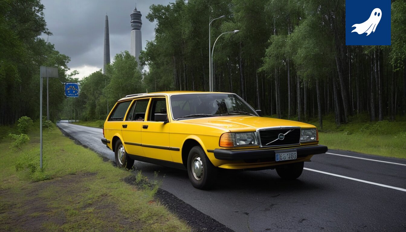 Kolaroitu auto Kolmostiellä, osa satiirisesta uutisartikkelista viranomaisten tiukemmasta otteesta liikenteeseen.