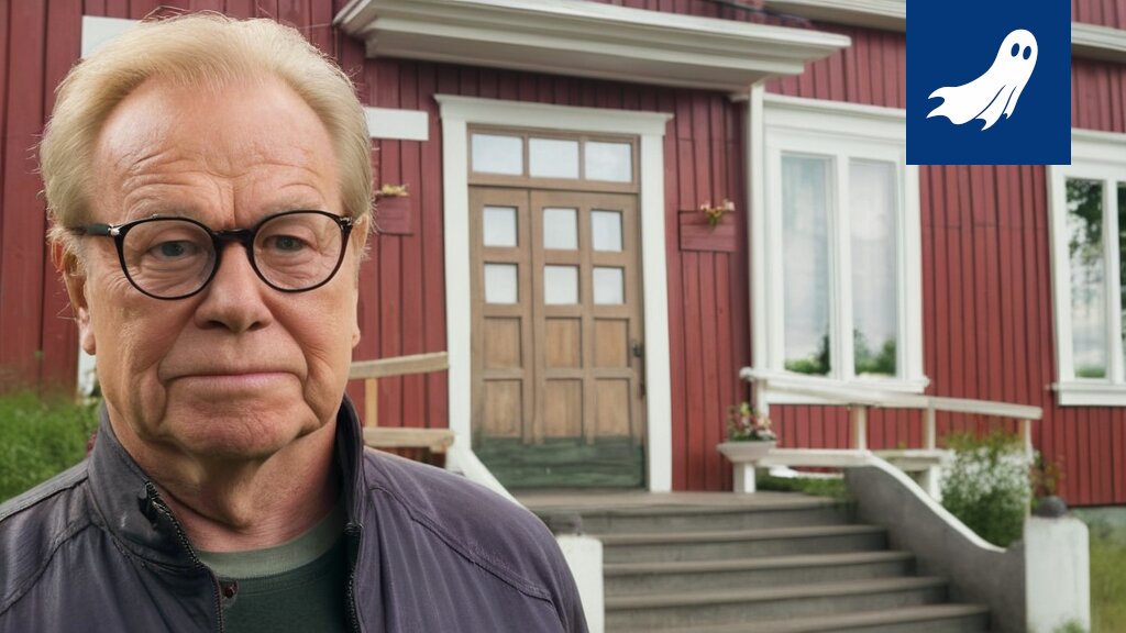 Sarjakuvamainen kuva Heikki Rehakasta mittaamassa Suodenniemen kunnantaloa valtavalla mittanauhalla.