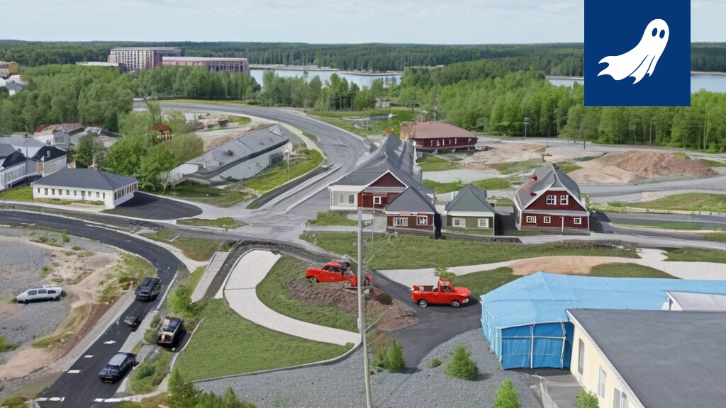 Lempäälän asuntomessualueen Saikan alueen yleiskuva, jossa korostuu moderni arkkitehtuuri ja potentiaalinen majoituskapasiteetti.