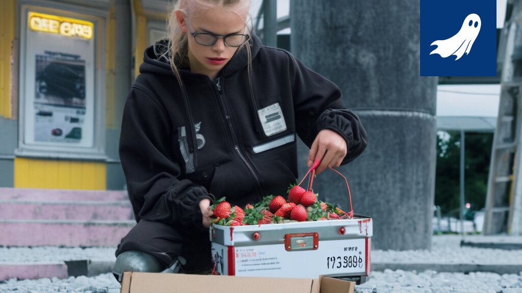 Satiirinen kuva mansikoista digitaalisessa lohkoketjussa, viitaten Tampereen sateiden aiheuttamaan 'mansikkakriisiin'.