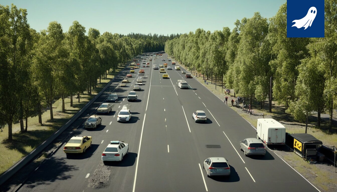 Kuva Kolmostien liittymästä, jossa kaksi pakettiautoa ovat aiheuttaneet ruuhkan, osa satiirista uutisartikkelia.