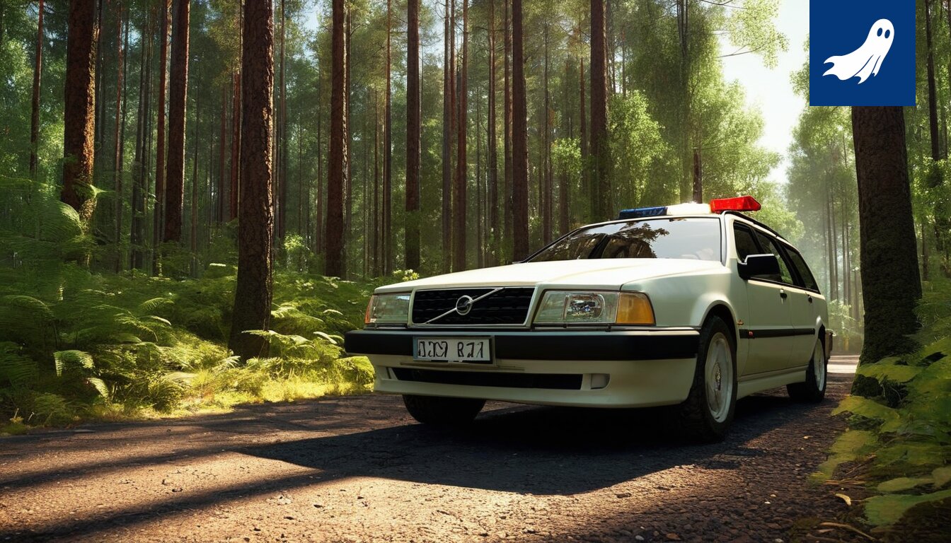 Kuva suunnistajan juoksemisesta metsässä, taustalla uhkaava robottipoliisi.