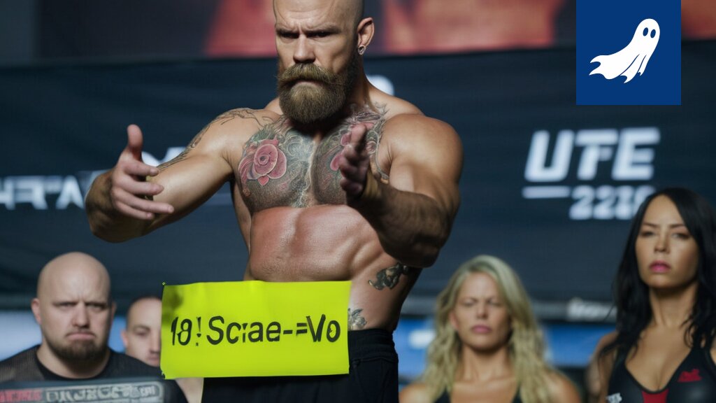 Satiirinen uutiskuva UFC 329 -tapahtuman keskeytymisestä ja Robocop-polvitarkastusyksikön läsnäolosta.