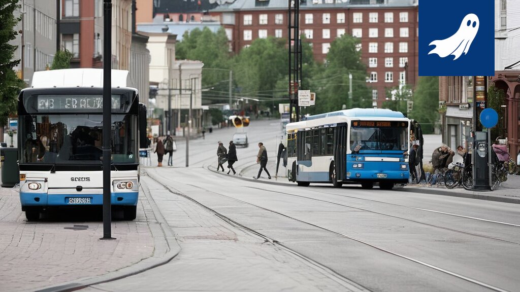 Sarjakuvamainen kuva sekavasta bussipysäkistä, jossa matkustajat etsivät suuntaa lintujen avulla.