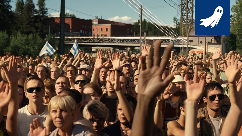 Satiirinen kuva Tammerfestin lavalta, jossa nanobotit keräävät dataa festarikävijöiltä.