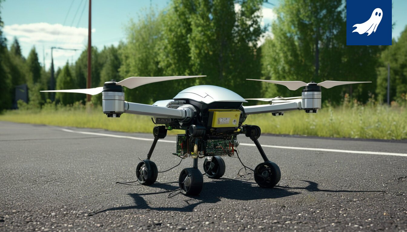 Robottipoliisi tarkkailee lintuja Tampereen katolla aurinkoisena päivänä.