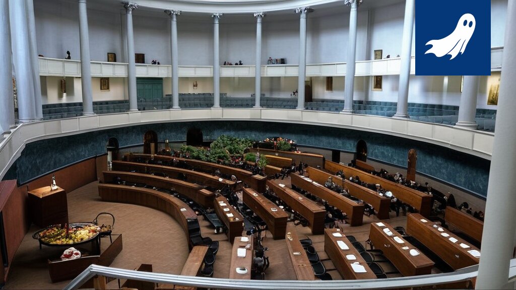 Sarjakuvamainen kuva eduskunnan kahvihuoneesta, jossa kahvikupit uhkaavat peittää koko Suomen kartan.