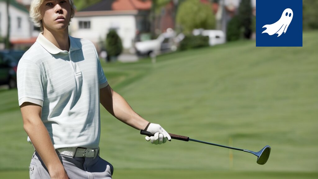 Satiirinen kuva Sami Välimäestä alumiinifoliohatussa golfkentällä, viitaten artikkeliin uuden golf-algoritmin vaikutuksesta.