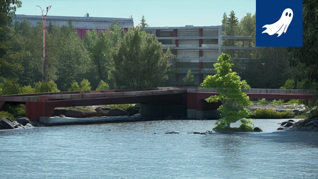 Kuva Viinikanojan sillasta, jossa näkyy sakotusrobotti vahtimassa pyöräilijää.