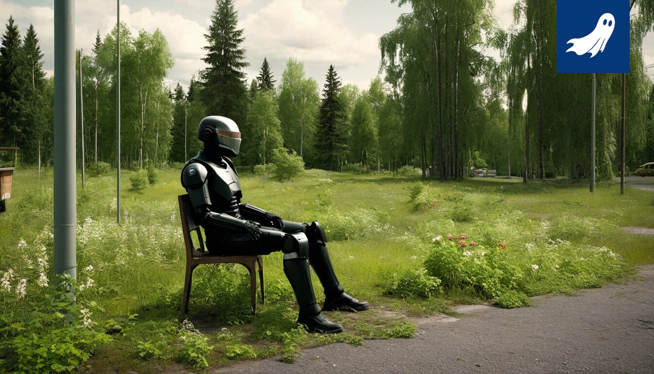 Robottipartio valvomaan uimarantaa, taustalla värikkäitä kellukkeita ja kaatunut vene.
