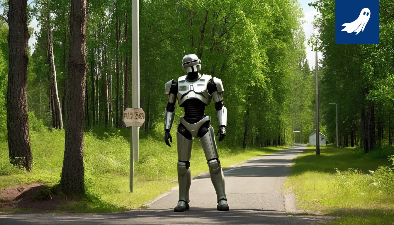 Kuvitteellinen renderöinti Robocop-botista valvomasa vesiliikennettä Kuhmoisten Pihlajalahdella.