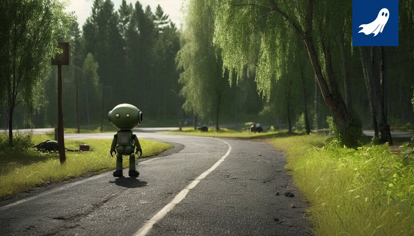 Futuristinen kuva Tampereen kaupungista vuonna 2026, jossa auto ajaa nopeasti robottivalvonnan ohi.