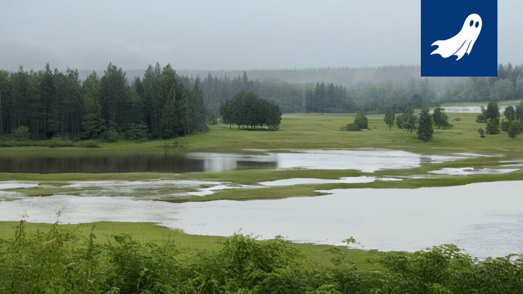 Nokian River Golf -kentän tulva, jossa vesi peittää osan kentästä ja viittaa robocopin virheelliseen toimintaan.