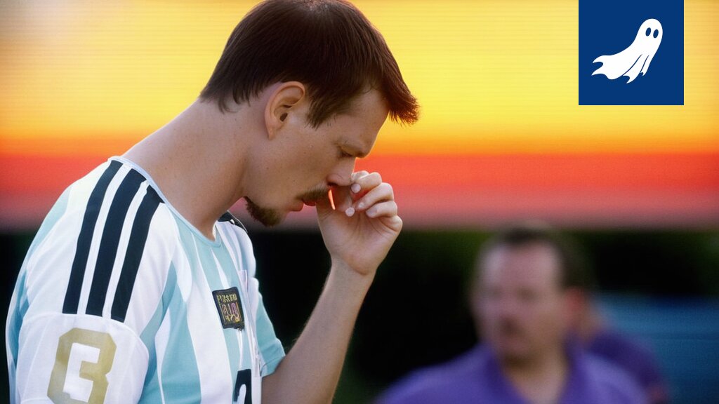 Lionel Messi epätoivoisena jalkapallokentällä, symboloiden analogisen taktiikan epäonnistumista modernissa digitaalisessa maailmassa.