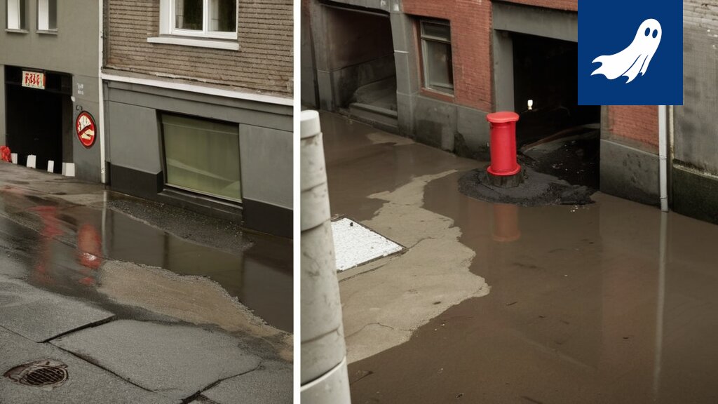 Ravintola 2H+K kellumassa tulvavedessä Aleksanterinkadulla, Robocop taustalla.