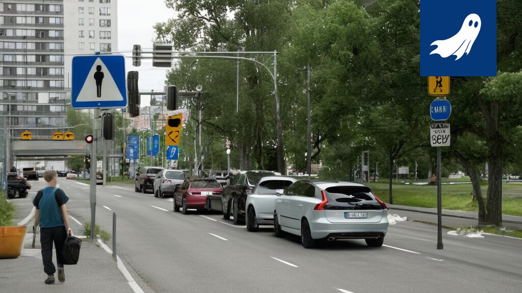 Sarjakuvamainen kuva Robocopista valvomassa Koskikadun parkkipaikkoja Tampereella.