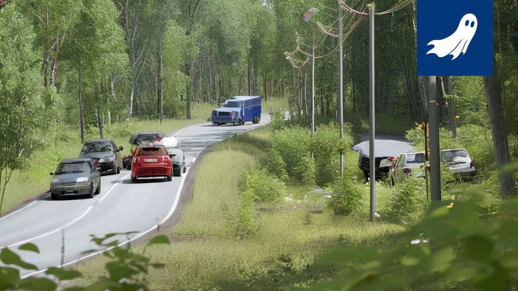 Jäteauto ja henkilöauto törmäämässä, kuva symboloi satiirisen uutisartikkelin tapahtumia.