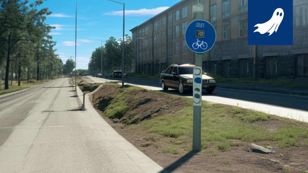 Satiirinen kuva robottipoliisista asentamassa valvontalaitteita Hatanpään puistokujalle.