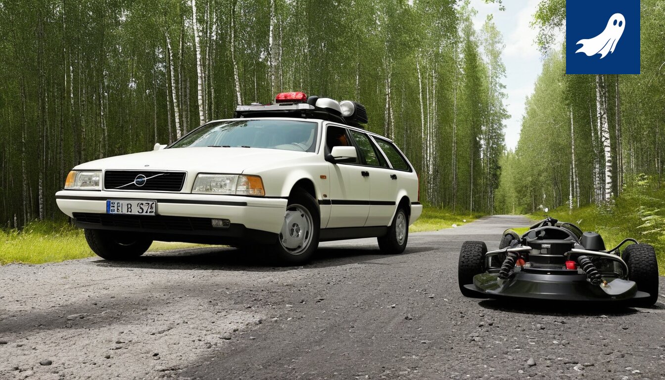 Rukan hiihtomäellä murskaantunut robottiprototyyppi, satiirinen uutiskuva.