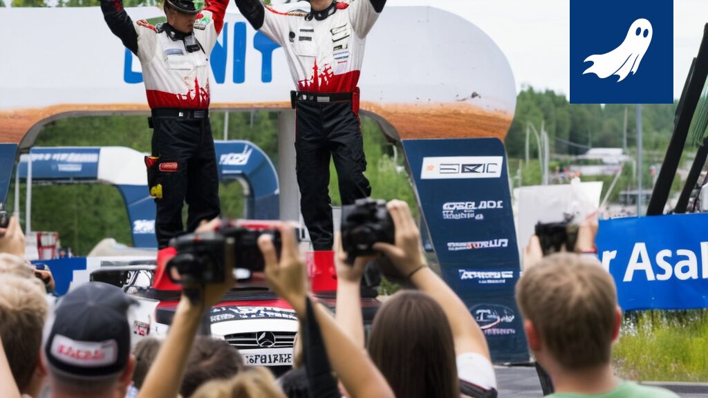 Satiirinen kuvitus Sami Pajarista ajamassa rallia, jossa näkyy datanäyttöjä ja mainoksia soraränneillä.