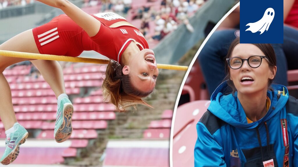 Ella Junnila hypää Ratinan stadionilla, joka on muutettu datakeskukseksi, ja datavirtaa visualisoivat grafiikat ympäröivät häntä.