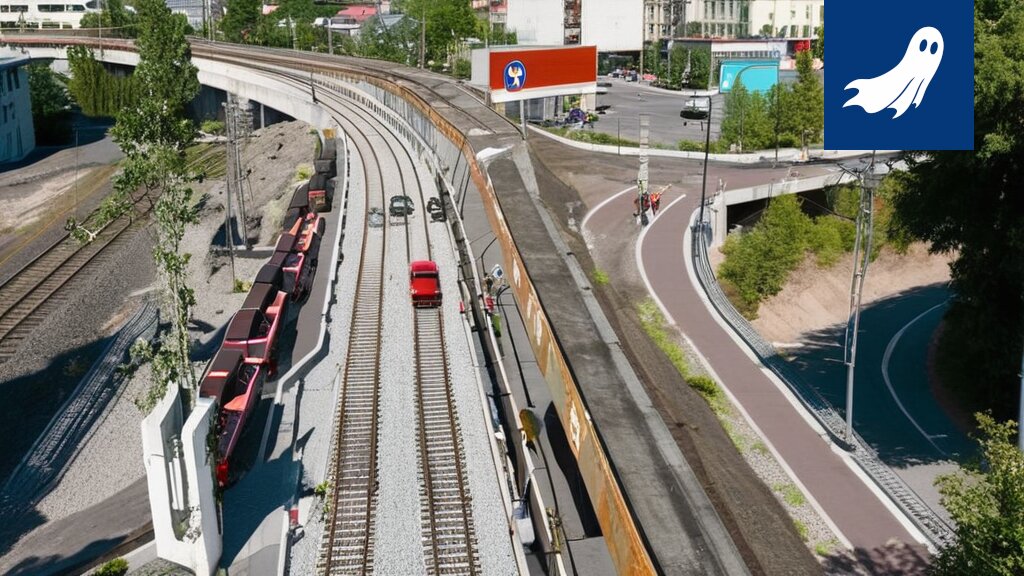 Härmälänojan raitiokiskot asennetaan, mutta silta on jo myyty mainostajille – satiirinen kuva Tampereen raitiotieprojektista.