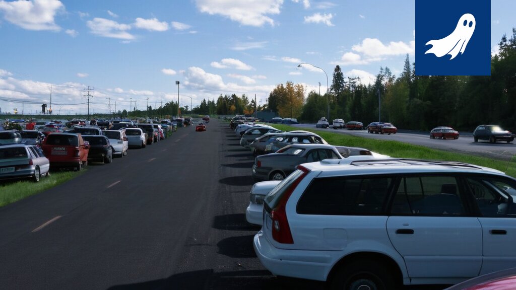 Futuristinen näkymä Hiedanrannan liityntäparkista, jossa tekoäly valaa uusia parkkipaikkoja kierrätyssorasta Näsinneulan valvovan katseen alla.