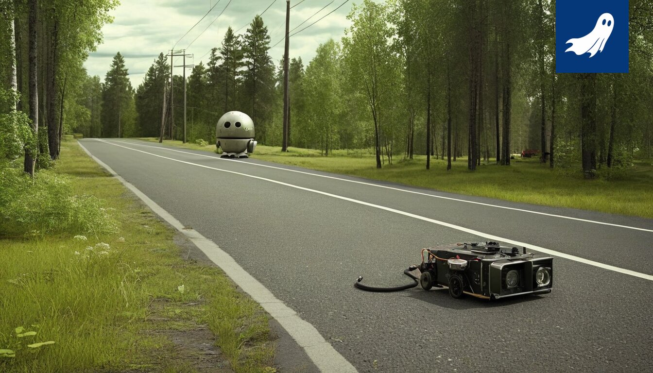 Robottikopin kuva, joka arvioi historiallisia autoja Tampereen pysäköintihallissa, satiirisen uutisartikkelin yhteydessä.