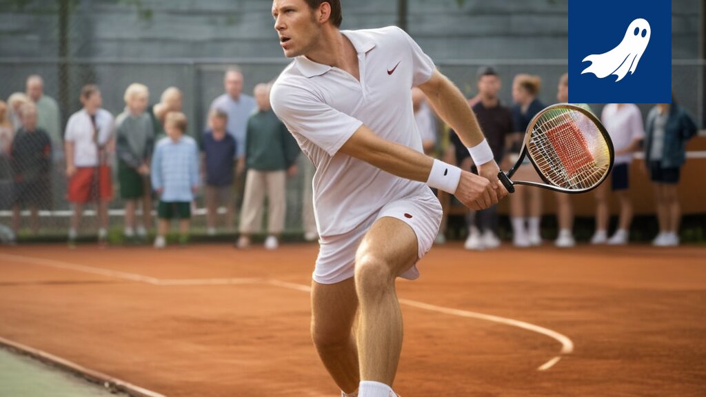 Otto Virtanen lyö tennistä Tampereen Tenniskeskuksessa, taustalla viittaus kaupungin budjettiin ja infrastruktuuriin.