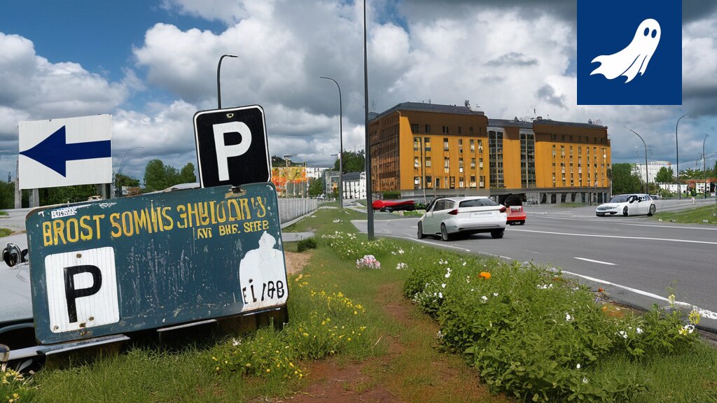 Kuva Kangasalan asuntomessujen läheisyydessä sijaitsevasta autopaikasta, jonka laajentuminen on johtanut omakotitalon läpi ajamiseen.