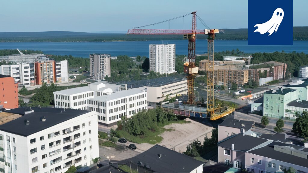 Härmälänrannan futuristinen näkymä, jossa NFT-tarrat korvaavat perinteiset kiinteistömerkinnät.