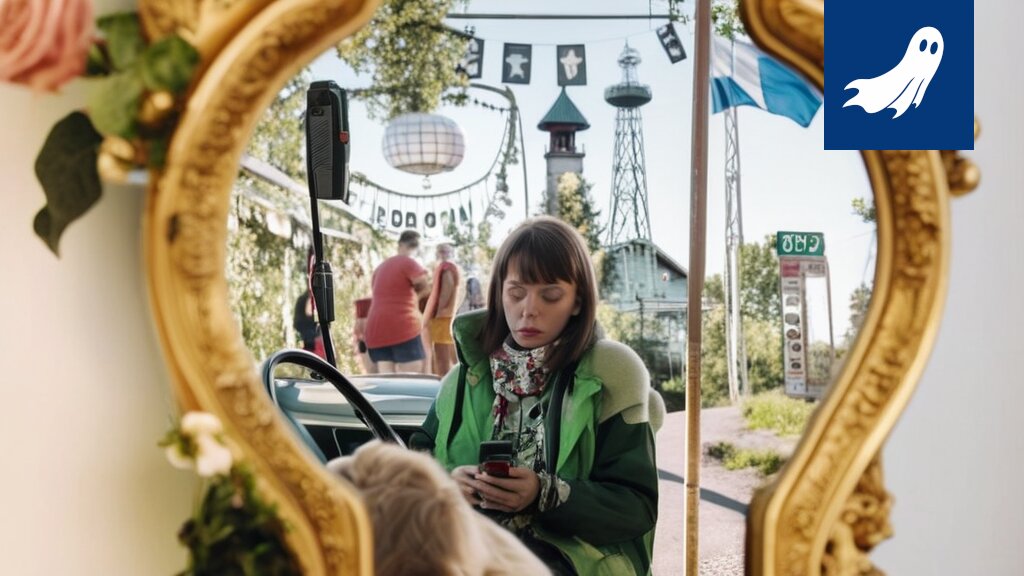 Kuva Vesilahden kirkosta, jonka taustalla näkyy Ilves-tarroja liimattuna kaivureiän reunaan, symboloiden artikkelin absurdia uutisointia.