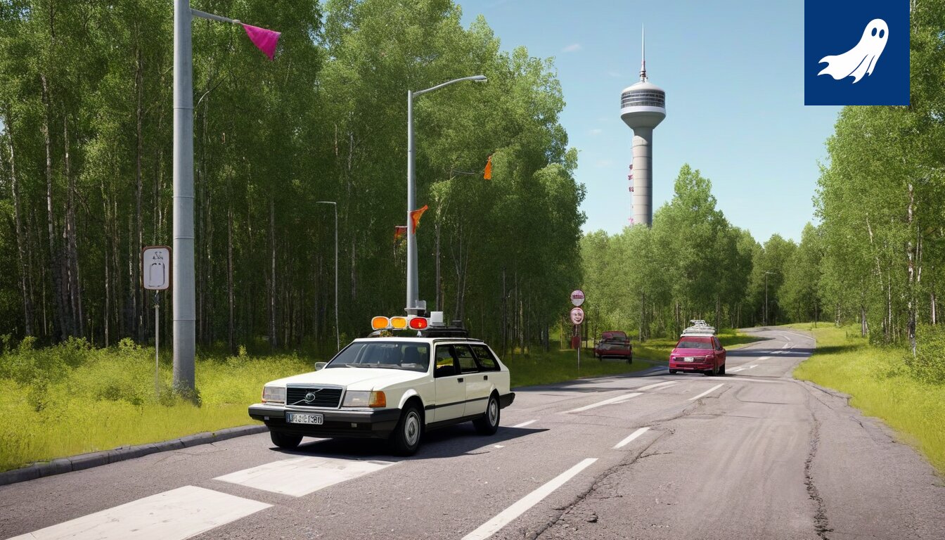 RoboPatrollin partioauto pysäyttää kuljettajan Hervannan tunnelissa, taustalla hämmentynyt ilme.