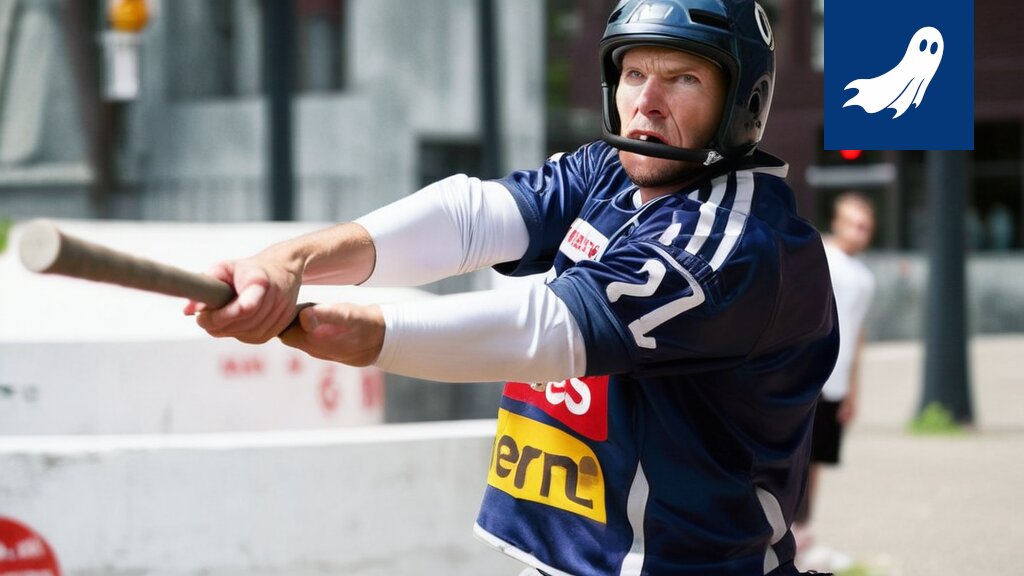 Jukka-Pekka Vainionpää lyö pesäpallon, taustalla hämmentyneitä katsojia ja mahdollisesti aikaparadoksi.