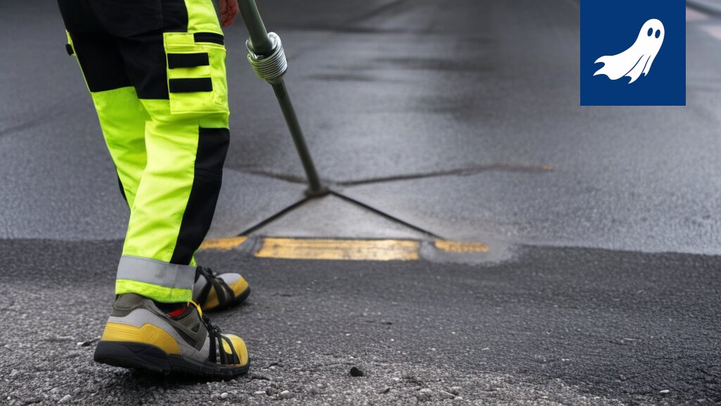 Robocop valvoo tietä päällystyskoneiden kanssa Pirkanmaalla, satiirinen kuva.