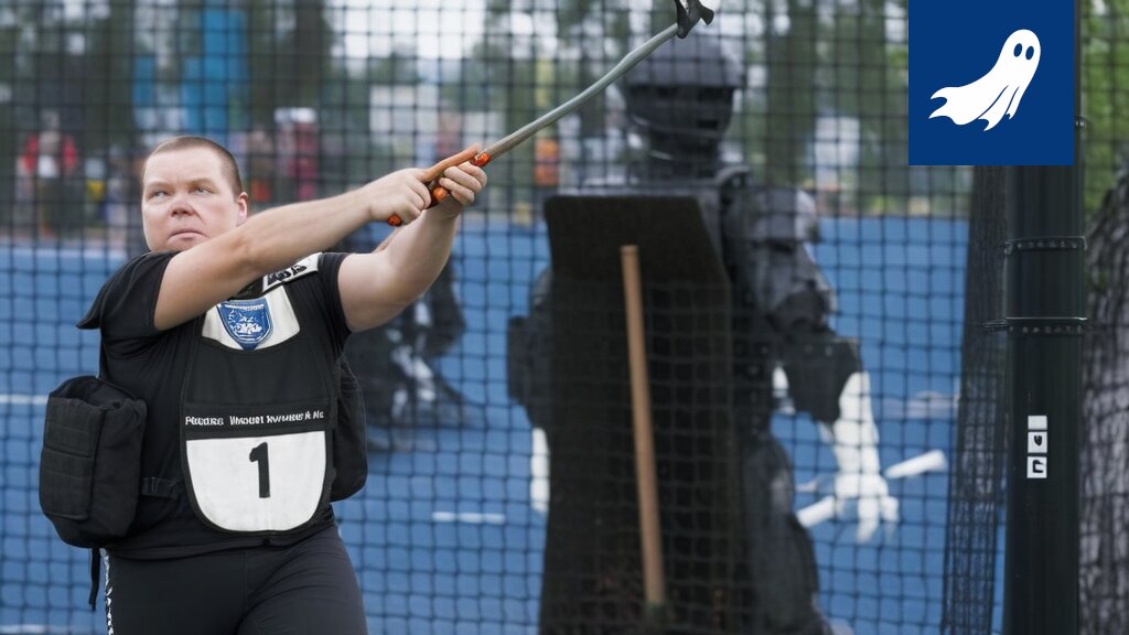 Robocop vartioi moukarinheittoareenaa Harjun stadionilla, kun urheilijat yrittävät heittää moukaria.