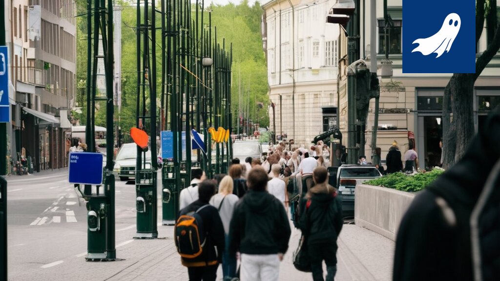 Robottipoliisi pumppaa ilmaa ihmiselle Tampereen Hämeenkadulla, satiirinen kuva.