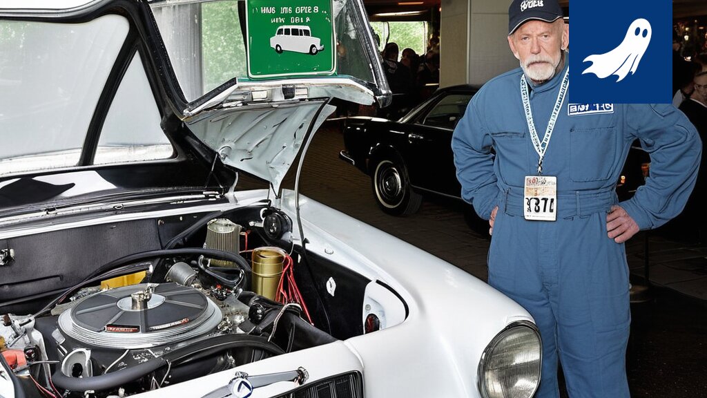 Kuva Frenckellin pysäköintihallista, jossa 102-vuotias Mercedes-Benz on asetettu pormestarin paikalle, symboloiden Tampereen absurdia tulevaisuutta.