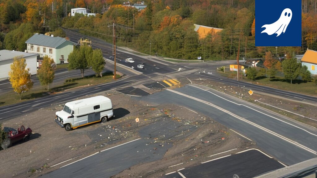 Dystooppinen kuva Partolan risteyksestä, jossa robottivalvontayksikkö jakaa sakkoja ja taustalla näkyy graffiteja.