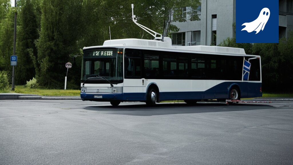 Robottipoliisi tarkastamassa bussilippuja Nokian kaupungissa, satiirinen kuva tulevaisuuden liikenteestä.