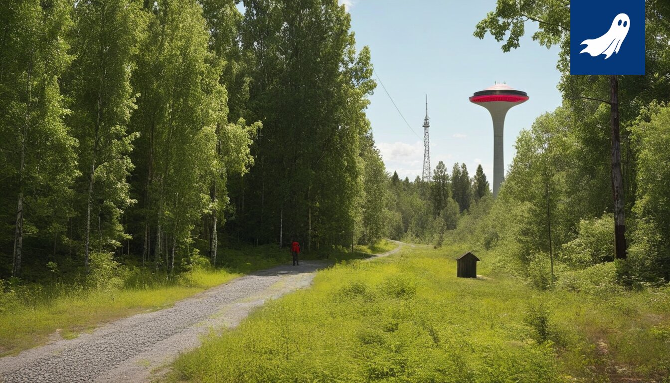 Satiirinen kuva VR:n junasta, jossa näkyy viivästysilmoitus ja futuristinen robotti valvomassa matkustajien odotusta.