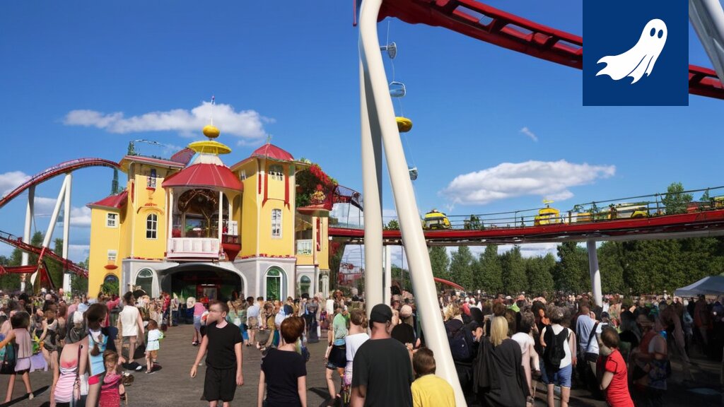 Särkänniemen huvipuistossa pitkä jono auringonpaisteessa, viitaten ProfitoBot-järjestelmän vaikutuksiin.