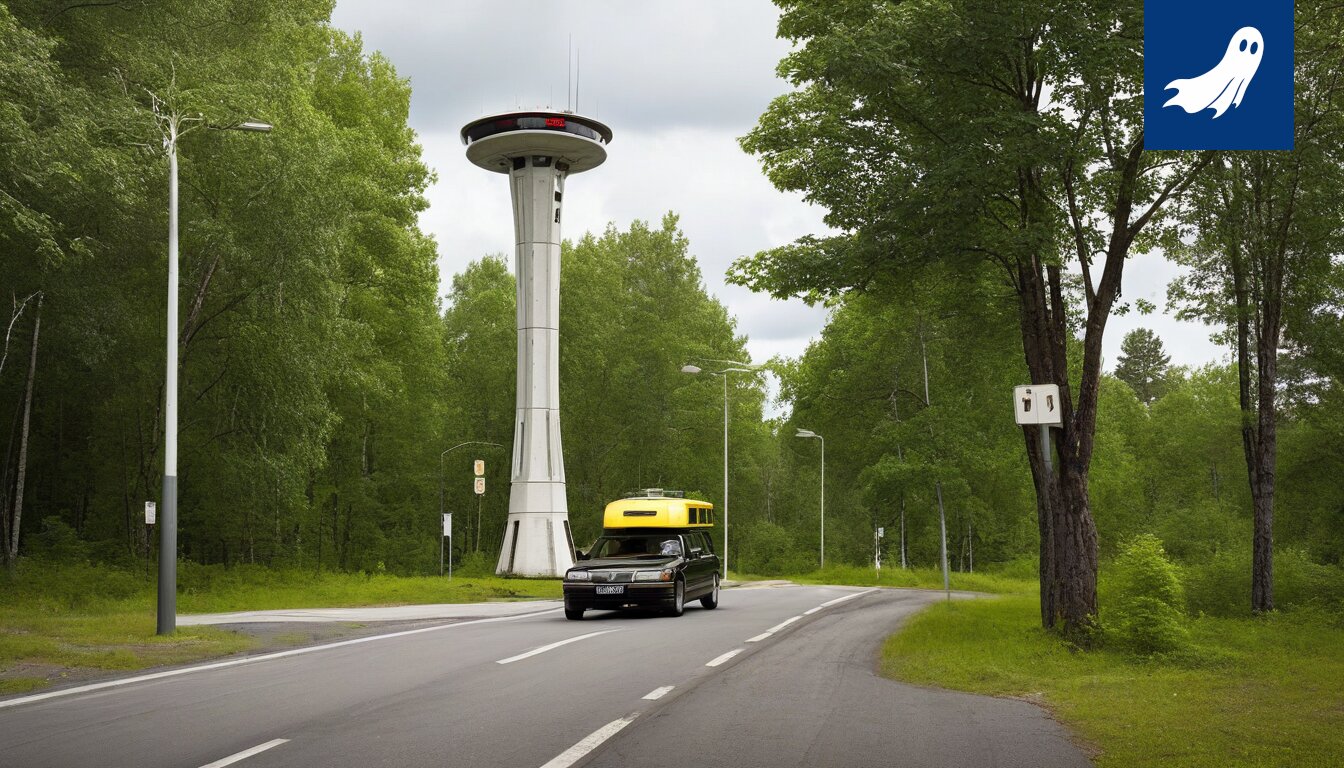 Kyösti-pysäkin satiirinen kuva, jossa vihjataan sen korvaamiseen automatisoidulla valvontapysäkillä.