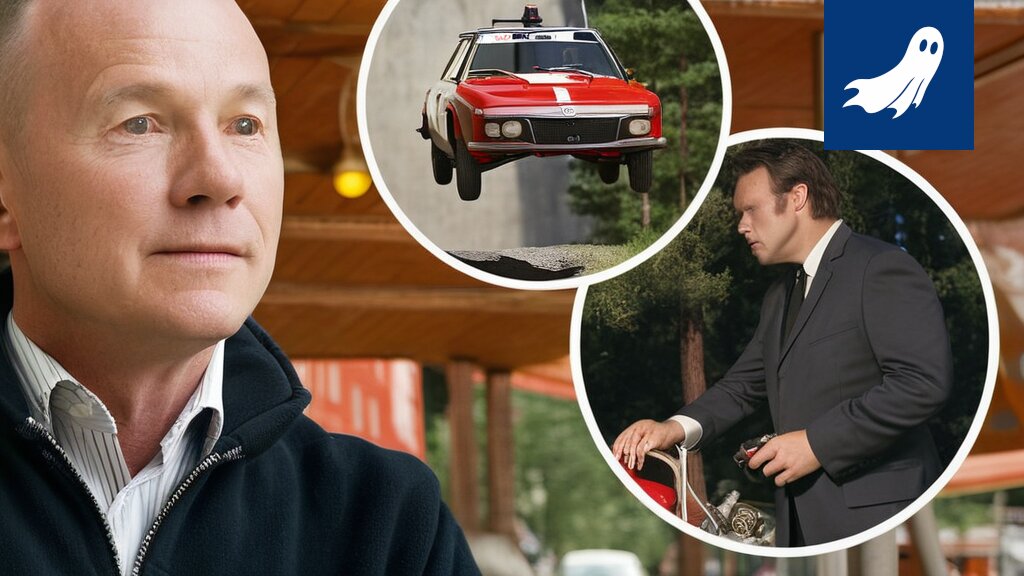Sarjakuvamainen kuva ralliautosta pörssikurssikäyrän päällä, symboloiden rallin ja rahoitusmarkkinoiden yhdistymistä.