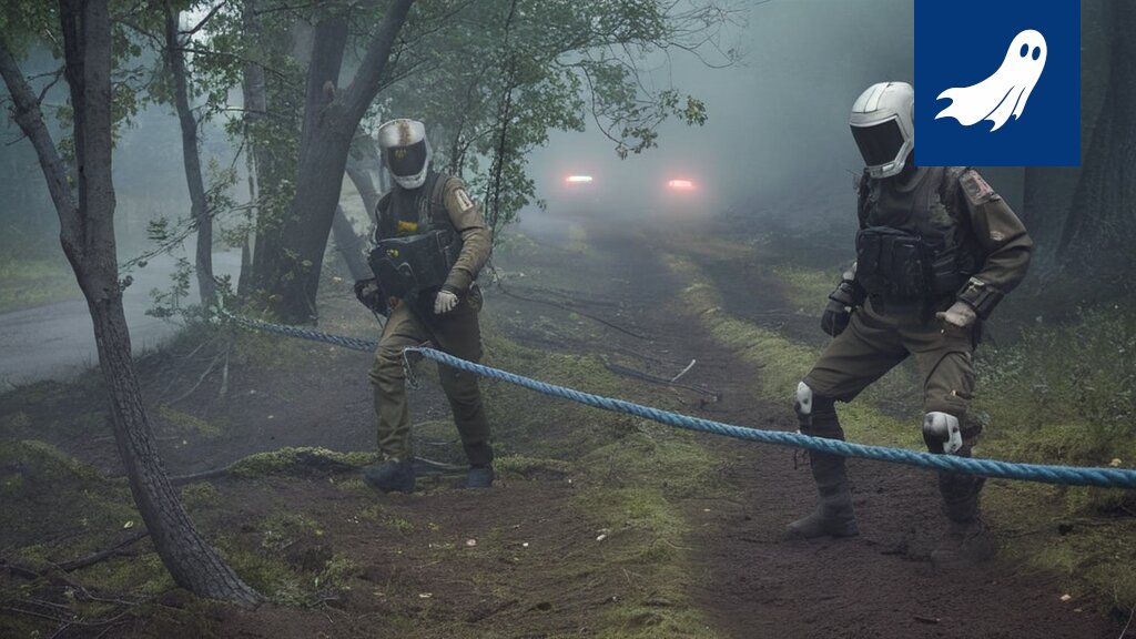 Satiirinen uutiskuva Robocopista Kreetan palaneen maiseman edessä, ehdottamassa betonisointia ratkaisuksi metsäpaloihin.