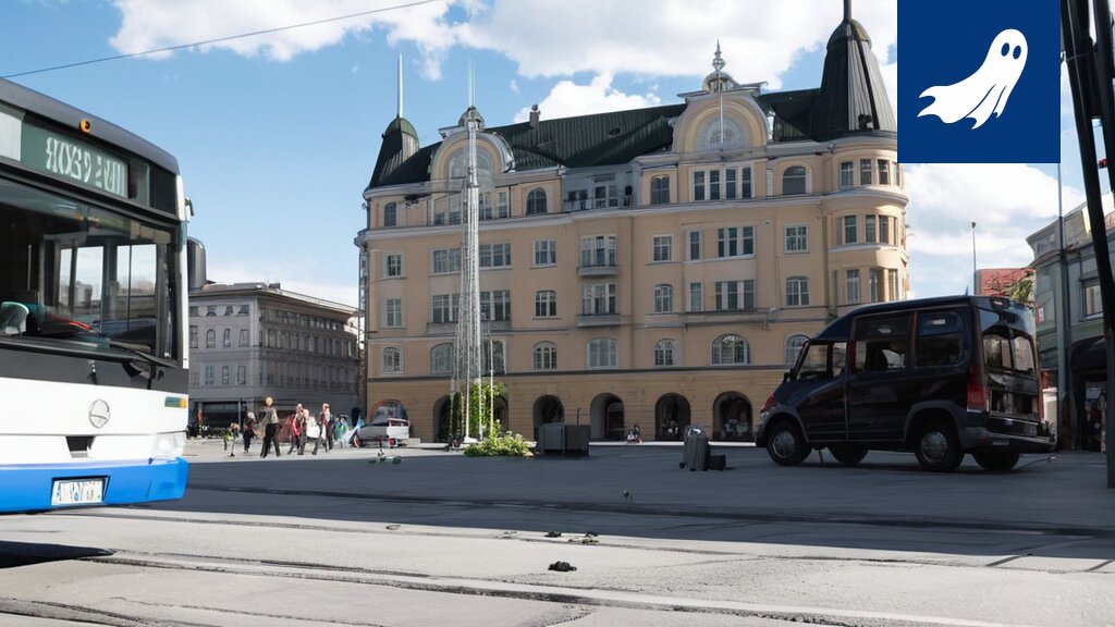 Sarjakuvamainen kuva Tampereen ratikasta, jonka sisällä näkyy mainoksia ja lapsia, symboloiden datan keräämistä ja kaupallistamista.