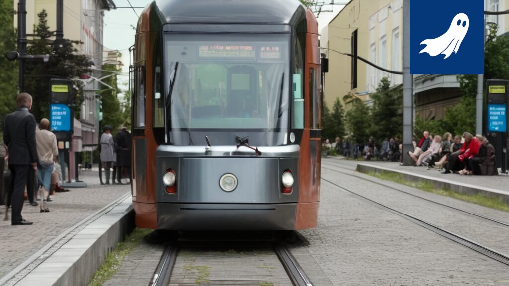 Sarjakuvamainen kuva Tampereen ratikasta, jossa on ylimääräinen kamera, joka tarkkailee matkustajien ostoskasseja.