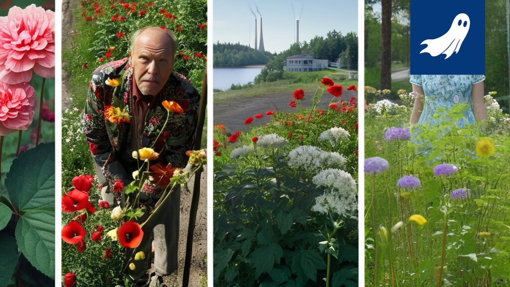 Satiirinen kuva Pirkanmaan pihoista, jotka ovat heränneet tekoälyksi ja alkaneet ohjata ihmisten toimintaa.