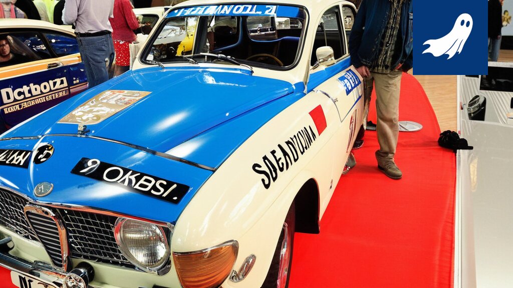 Satiirinen uutiskuva Simo Lampisesta Saab 96 V4 -autonsa kanssa, jossa on Ilves-tarrat.