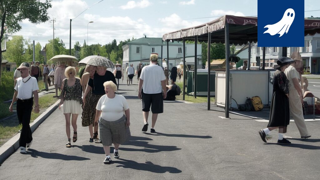 Satiirinen kuva digitaalisesta asuntomessualueesta, jossa näkyy lohkoketju-elementtejä ja futuristisia rakennuksia.